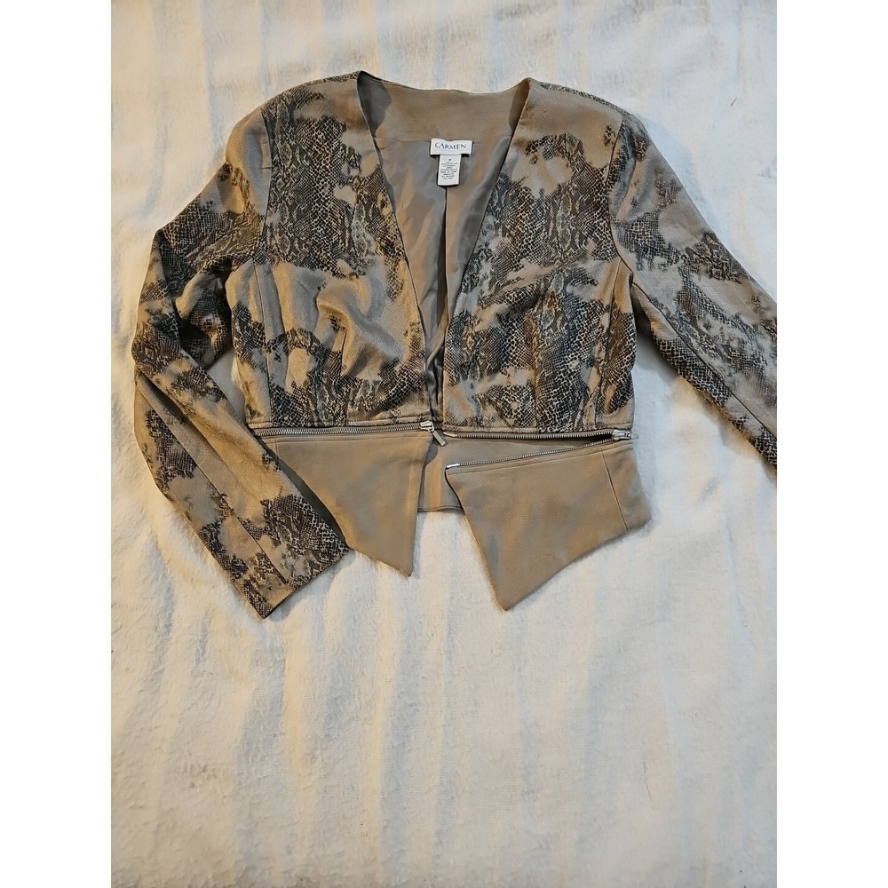 Carmen Marc Valvo Brown Suede Look Cropped Snake Print‎  Jacket Size M